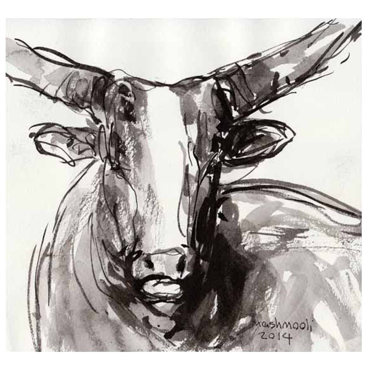 نقاشی مجموعه گاوها اثر جلال‌الدین مشمولی - 16 × 17 cm، 2014 | COW Series (Gavha) No. 1, Ink on Paper, 16 × 17 cm, 2014 — Jalaleddin Mashmooli Contemporary Iranian Painting