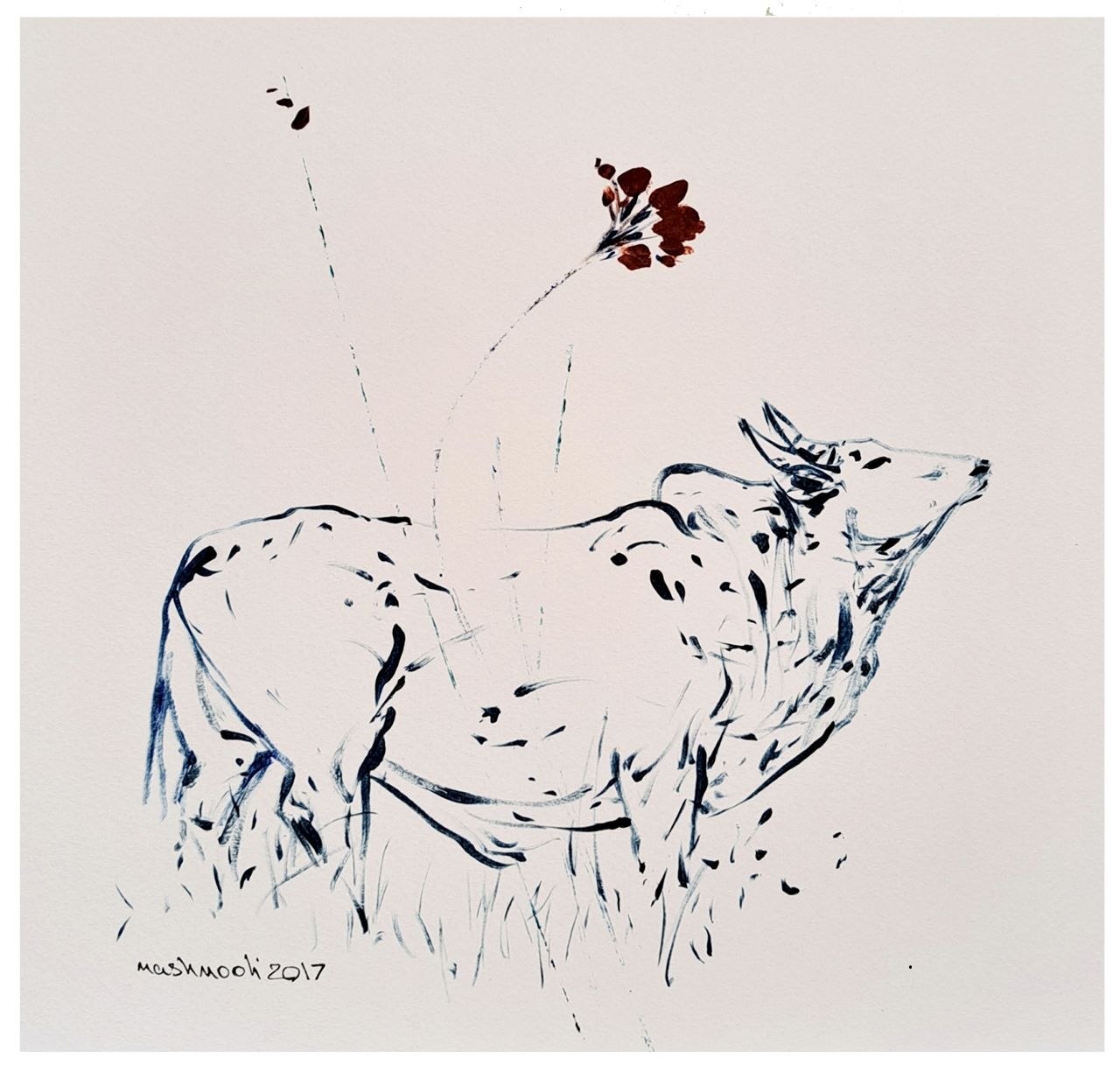 نقاشی مجموعه گاوها اثر جلال‌الدین مشمولی - 25 × 25 cm، 2017 | COW Series (Gavha) No. 2, Ink on Paper, 25 × 25 cm, 2017 — Jalaleddin Mashmooli Contemporary Iranian Painting