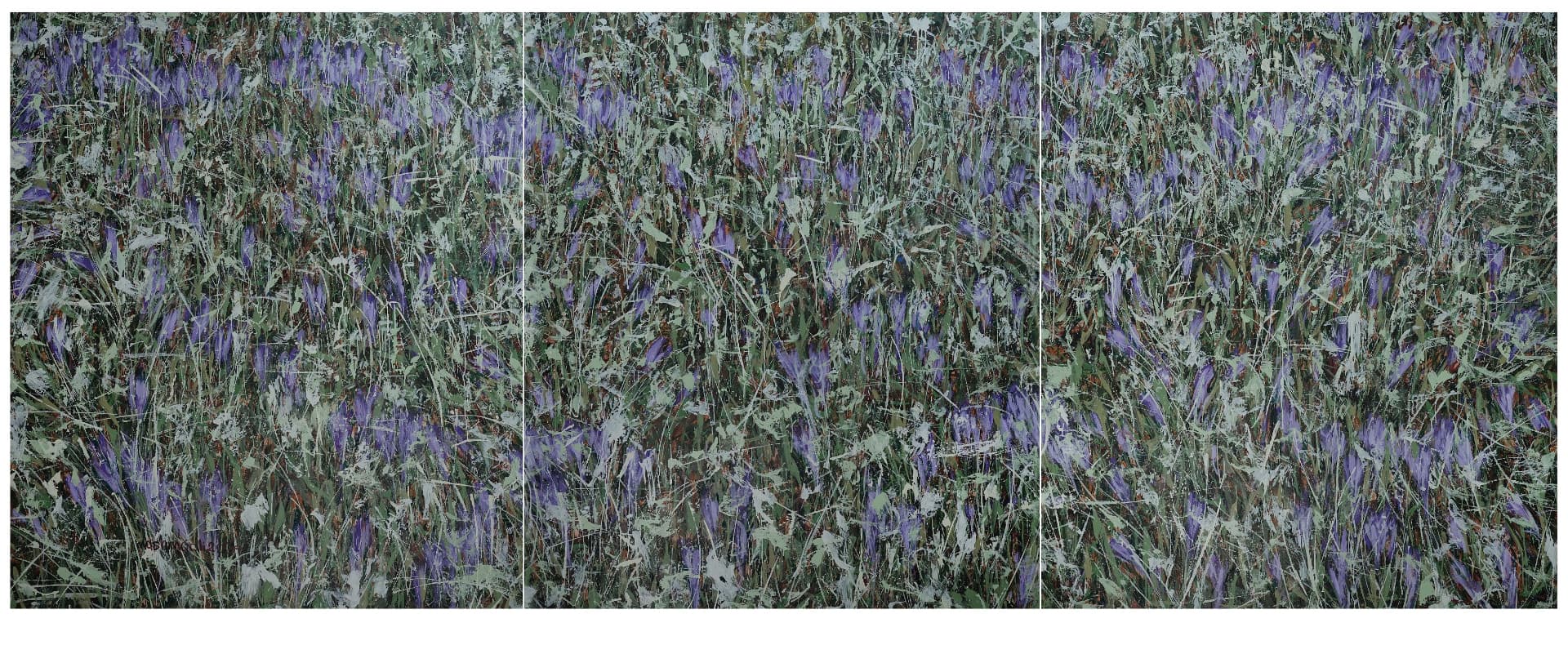 نقاشی مجموعه حسرت اثر جلال‌الدین مشمولی - 245 × 615 cm، 2024 | Colchicum Series (Hasrat) – Triptych, Acrylic on canvas, 245 × 615 cm, 2024 — Jalaleddin Mashmooli Contemporary Iranian Painting