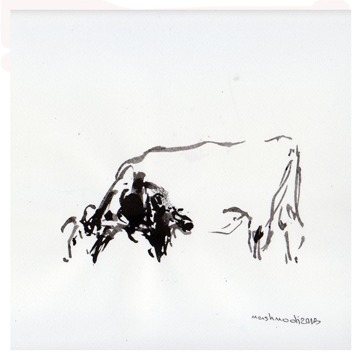 نقاشی مجموعه گاوها اثر جلال‌الدین مشمولی - 23 × 23 cm، 2015 | COW Series (Gavha) No. 4, Ink on Paper, 23 × 23 cm, 2015 — Jalaleddin Mashmooli Contemporary Iranian Painting